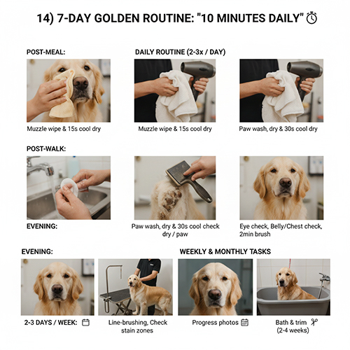 Infographic routine 7 ngày giữ lông chó Golden vàng ấm: lau sấy sau ăn, vệ sinh bàn chân sau dạo, chải nhanh buổi tối và lịch tắm định kỳ