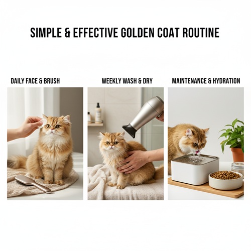 ba bước chăm coat mèo golden gồm lau mặt chải lông hằng ngày, tắm sấy hằng tuần và duy trì nước uống sạch