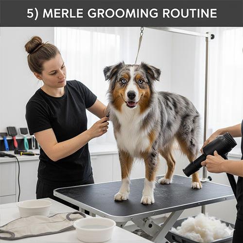Chó merle đang được grooming trên bàn với quy trình chải sấy giúp giữ vân lông loang rõ nét