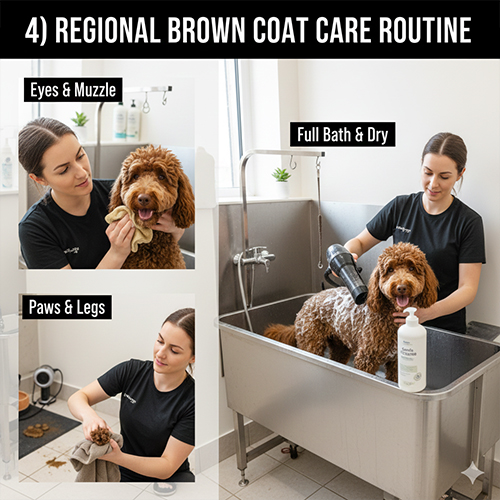 chăm sóc lông chó nâu theo từng vùng mắt mõm chân và tắm sấy