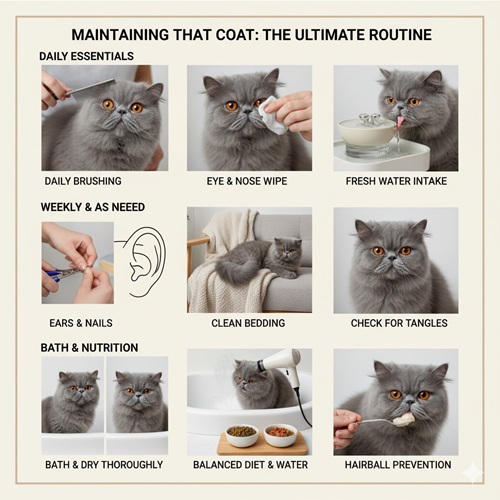 Hướng dẫn routine chăm sóc mèo Ba Tư xám gồm chải lông hằng ngày, lau mắt–mũi, bổ sung nước, làm sạch khay cát, vệ sinh tai–móng, giặt đồ mềm và kiểm tra rối