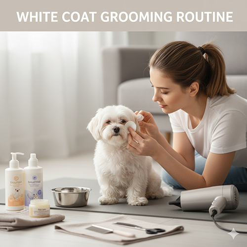 Routine chăm sóc lông chó trắng hằng ngày, lau mắt, miệng và sấy khô đúng cách