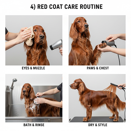 quy trình chăm sóc lông chó đỏ gồm lau mặt sấy chân tắm xả và tạo kiểu