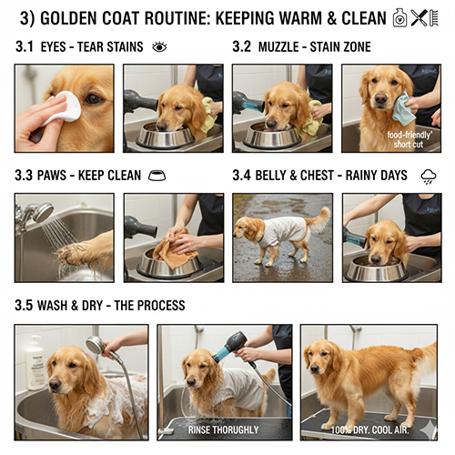 Infographic routine giữ lông chó Golden vàng ấm sạch: vệ sinh mắt, mép miệng, bàn chân, bụng-ngực và quy trình tắm sấy