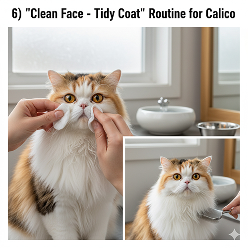 Mèo Ba Tư tam thể được lau mặt và chải lông, minh họa routine giữ mặt sạch – coat gọn