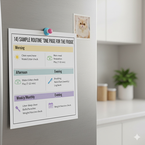 Tờ routine chăm mèo dán trên tủ lạnh với các mục sáng, chiều, tối và lịch tuần/tháng