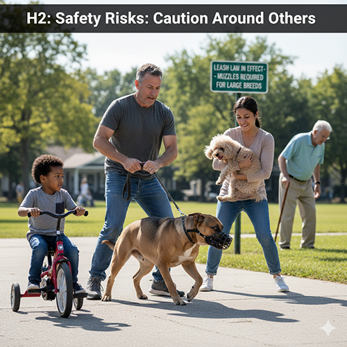 Chó Pitbull lai Becgie đeo rọ mõm đi dạo công viên, được chủ giữ dây chặt để đảm bảo an toàn cho mọi người