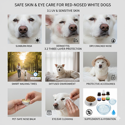 Hướng dẫn chăm sóc da và mắt cho chó trắng mũi đỏ: phòng cháy nắng, viêm da, mũi khô nứt, quy tắc dạo buổi sáng–chiều, phụ kiện bảo vệ, sáp dưỡng mũi, vệ sinh mí–mắt