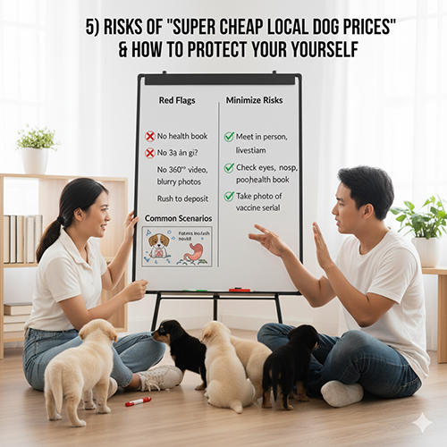 Cặp đôi trẻ cùng bốn chú chó con ngồi trước bảng trình bày rủi ro giá chó cỏ siêu rẻ và cách tự bảo vệ, với các mục “Red Flags” và “Minimize Risks”.