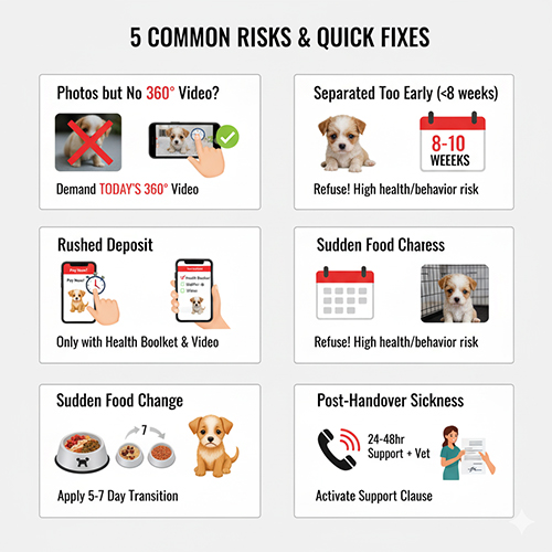 Minh họa 5 rủi ro phổ biến khi mua chó cỏ như không có video 360°, tách mẹ sớm, hối cọc, đổi thức ăn đột ngột và cách khắc phục nhanh.