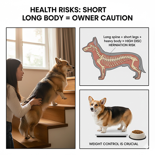 Chó Corgi lai Becgie leo cầu thang, kèm minh họa cột sống dài và cảnh báo kiểm soát cân nặng