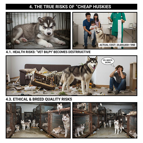 Những rủi ro thật sự khi mua chó Husky giá rẻ gồm bệnh tật, chi phí thú y cao, phá phách và suy giảm chất lượng giống