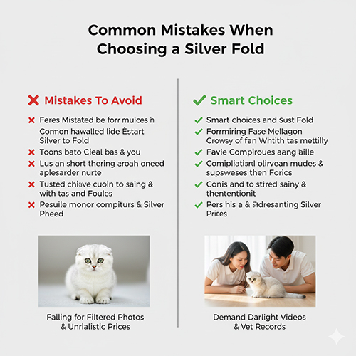 Bảng minh họa lỗi thường gặp khi chọn mèo Silver Scottish Fold và cách khắc phục, có ảnh mèo con và cặp đôi xem mèo trong ánh sáng tự nhiên