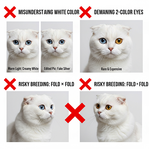 Tổng hợp lỗi phổ biến khi chọn mèo tai cụp trắng (Scottish Fold): hiểu sai màu lông, ham mắt 2 màu, phối Fold × Fold.