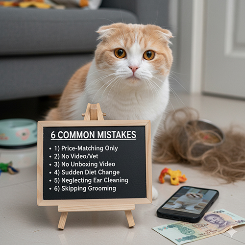 Mèo tai cụp Scottish Fold màu vàng ngồi cạnh bảng liệt kê 6 sai lầm phổ biến khi mua mèo giá rẻ, xung quanh là đồ chơi và dụng cụ grooming.