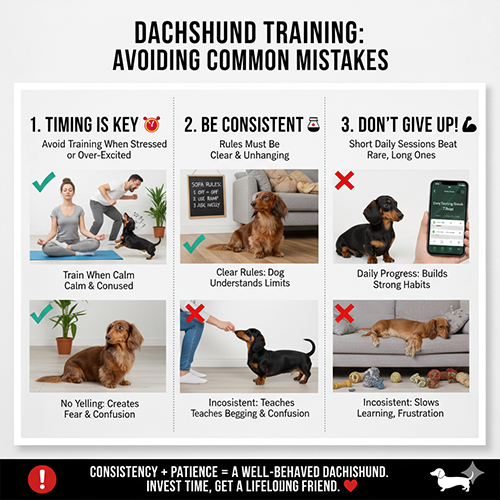 Infographic các sai lầm thường gặp khi huấn luyện chó Lạp xưởng, nhấn mạnh thời điểm, sự nhất quán và kiên trì mỗi ngày.