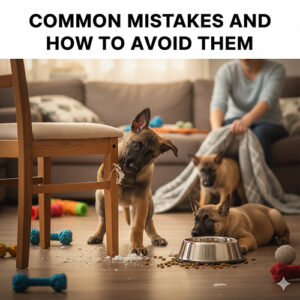 Ba chó Becgie Bỉ con đang nghịch ngợm trong phòng khách: một bé cắn chân ghế, một bé nằm cạnh bát ăn và một bé ở phía sau đang chơi đồ chơi.