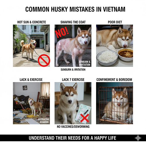 Hình ảnh tổng hợp các sai lầm phổ biến khi nuôi chó Husky tại Việt Nam.