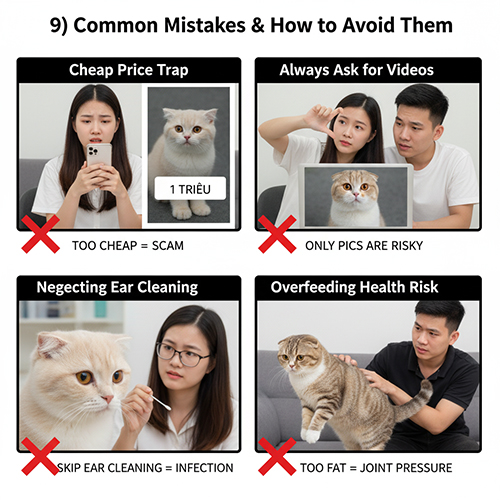 Bốn tình huống minh họa các sai lầm phổ biến khi chọn hoặc nuôi mèo tai cụp lai: tin giá rẻ, không xem video thật, bỏ vệ sinh tai và cho ăn quá nhiều khiến mèo béo phì.