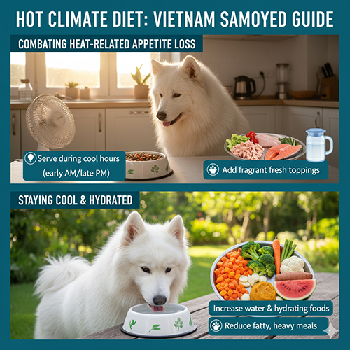 Chó Samoyed ăn uống trong điều kiện khí hậu nóng ẩm ở Việt Nam với thực đơn mát nhẹ và đủ nước