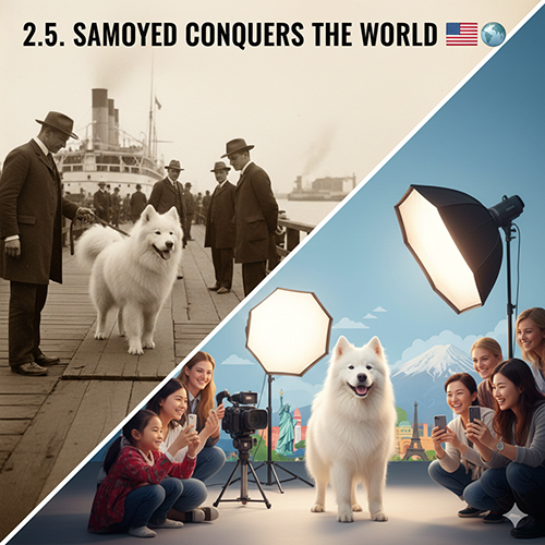 Samoyed trên bến tàu thời xưa và Samoyed chụp hình cùng nhóm bạn trẻ trong studio hiện đại