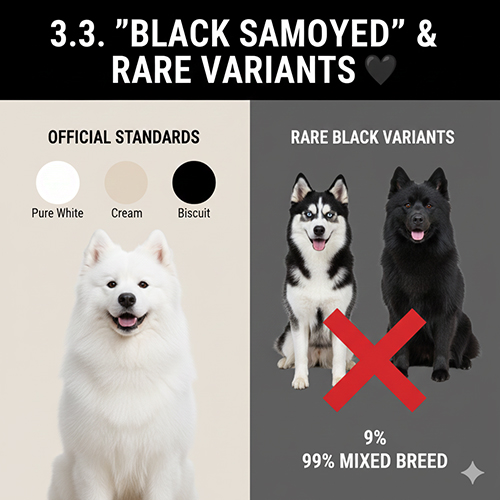 So sánh Samoyed trắng tiêu chuẩn với các cá thể màu đen thường là lai tạp
