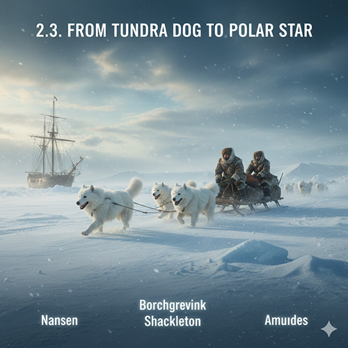 Đội chó Samoyed kéo xe trên vùng băng giá trong bối cảnh các chuyến thám hiểm cực