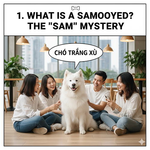 Hình ảnh Samoyed trắng xù ngồi giữa nhóm bạn trẻ đang vuốt ve và cười vui