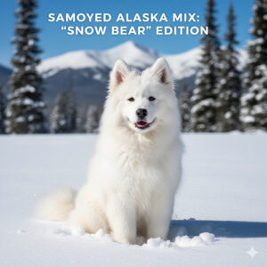 Samoyed lai Alaska lông trắng dày như gấu tuyết đứng giữa nền tuyết