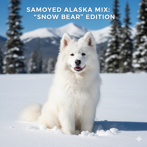 Samoyed lai Alaska lông trắng dày như gấu tuyết đứng giữa nền tuyết
