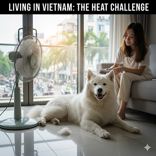 Samoyed lai Alaska nằm trong nhà cạnh quạt, thích nghi khí hậu Việt Nam