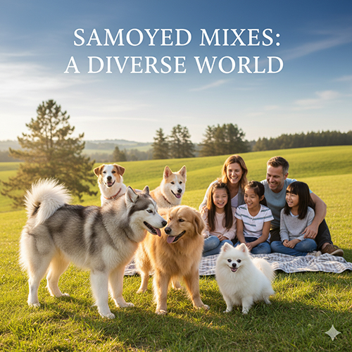 Hình ảnh đại diện bài viết giới thiệu các kiểu chó Samoyed lai như Sam lai Husky, Golden, chó ta và Phốc Sóc