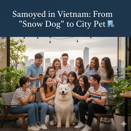 Samoyed trắng xù ngồi giữa nhóm bạn trẻ Việt Nam trên rooftop nhìn ra thành phố