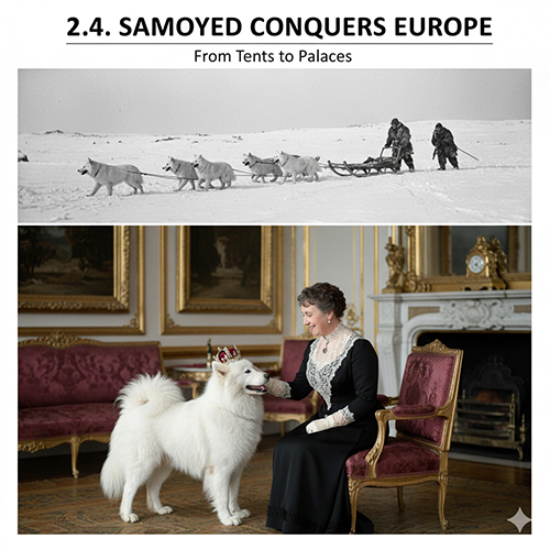 Samoyed kéo xe ở vùng tuyết và Samoyed đứng cạnh quý bà trong cung điện châu Âu