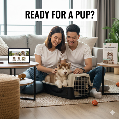 Hình ảnh gia đình trẻ chuẩn bị đón chó Alaska con trong không gian phòng khách