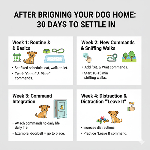 Lịch 30 ngày giúp chó cỏ làm quen môi trường mới với các bước huấn luyện theo tuần: ăn uống, đi vệ sinh, dạo, lệnh cơ bản và luyện xao nhãng.