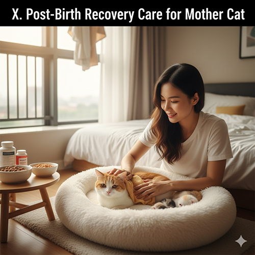 Cô gái vuốt ve mèo mẹ Munchkin nằm cùng ổ với mèo con trong phòng ngủ sáng, cạnh bát thức ăn và thuốc bổ; minh họa chăm sóc hồi phục sau sinh.