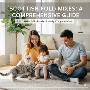 Gia đình vui đùa cùng ba chú mèo Scottish Fold lai American và Russian Shorthair trong phòng khách sáng sủa