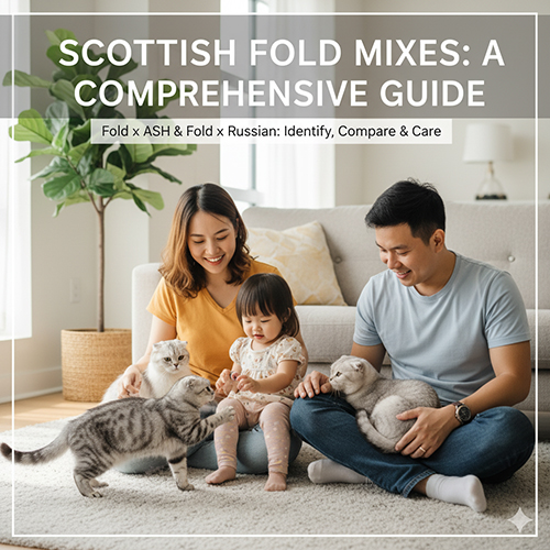 Gia đình vui đùa cùng ba chú mèo Scottish Fold lai American và Russian Shorthair trong phòng khách sáng sủa