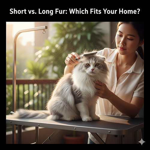 nguoi nu chai long cho meo highland fold bicolor tren ban grooming, anh sang tu cua so, minh hoa so sanh long ngan va long dai