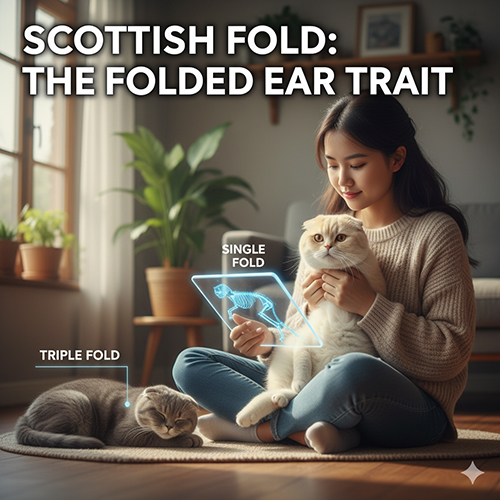 Cô gái ngồi cạnh cửa sổ cùng hai chú mèo Scottish Fold, một bé có tai cụp nhẹ (single fold) và một bé cụp sâu (triple fold), minh họa sự khác biệt các mức độ tai cụp