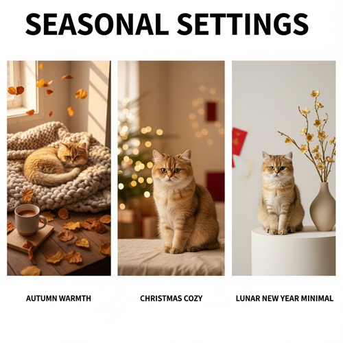 ba concept theo mùa cho mèo golden gồm autumn ấm, christmas cozy và lunar new year minimal