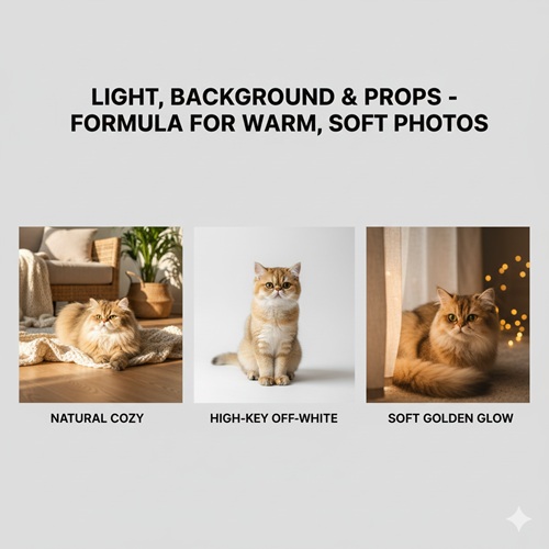 ba setup chụp mèo tông vàng gồm natural cozy, high-key trắng ngà và glow vàng nhẹ trong căn hộ