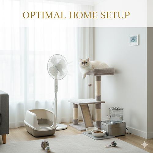 mèo Ba Tư ngồi trên nhà cây trong căn hộ mát mẻ với quạt, khay cát và đài nước