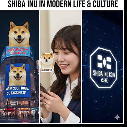 Ảnh ba khung mô tả Shiba Inu trong văn hóa hiện đại gồm meme Doge bảng quảng cáo lớn Shiba Inu Coin và sticker chat Shiba