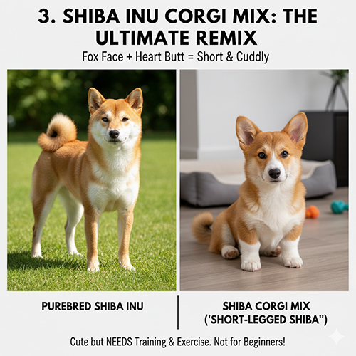 Chó Shiba lai Corgi với mặt cáo, chân ngắn và thân dài so sánh với Shiba Inu thuần