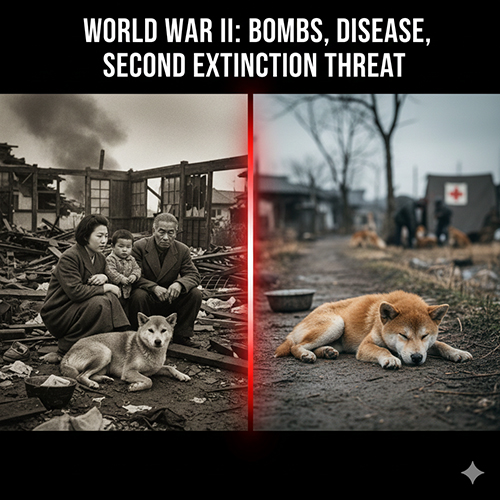 Hình minh họa Shiba Inu trong bối cảnh Thế chiến II với bom đạn và dịch bệnh đe dọa giống chó