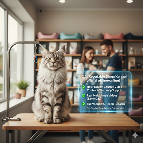 Ảnh minh họa mua mèo Maine Coon tại shop/kennel uy tín với quy trình rõ ràng, video thật và hồ sơ tiêm đầy đủ.