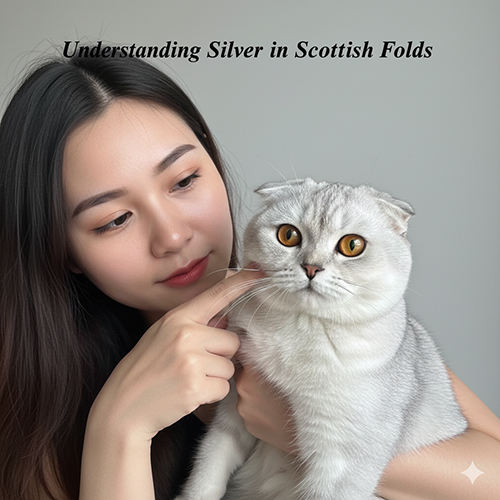 Cô gái đang nhẹ nhàng chạm vào má mèo Silver Scottish Fold, lông bạc mịn và mắt tròn vàng nâu nổi bật