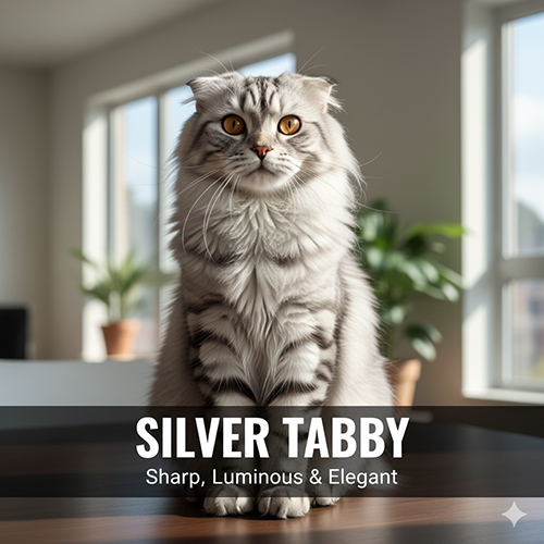 Mèo Scottish Fold silver tabby lông bạc viền vằn đen rõ, ngồi trong phòng sáng có cây xanh.